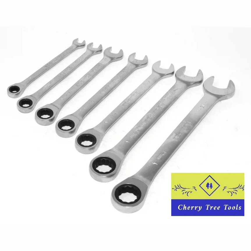 Eclipse Professional 7 Piece Ratchet Spanner Set displayed with seven high-quality wrenches for precise automotive repair.