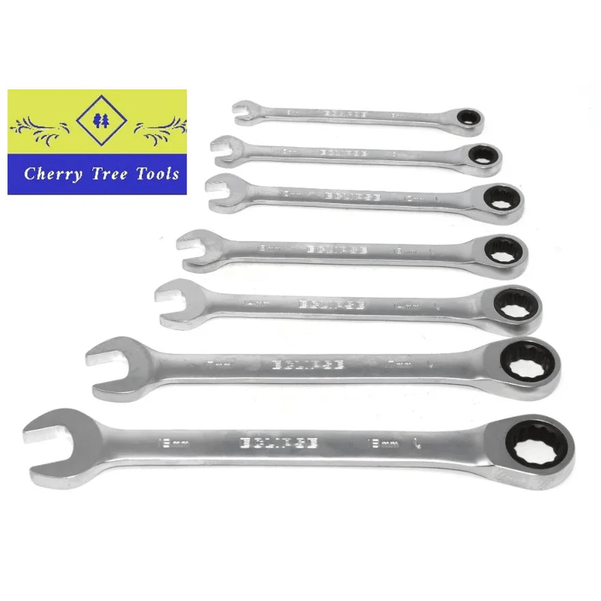 Eclipse Professional 7 Piece Ratchet Spanner Set displayed, featuring 7 metric sizes from 8mm to 19mm for automotive repairs.