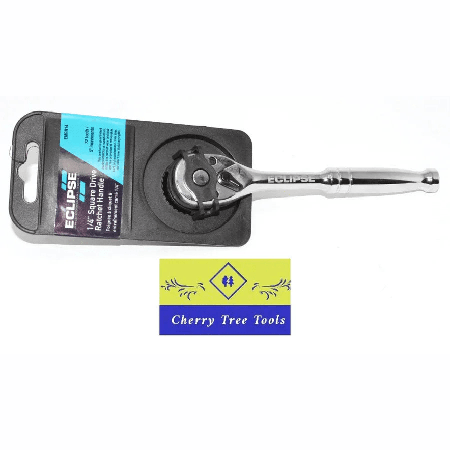 Eclipse Professional Ratchet Handle 1/4" Drive in packaging showcasing its durable design and 72-tooth mechanism.