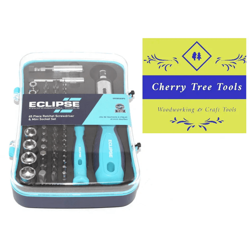 Eclipse Professional Ratchet Screwdriver & Mini Socket Set displayed in a compact storage case with various bits.