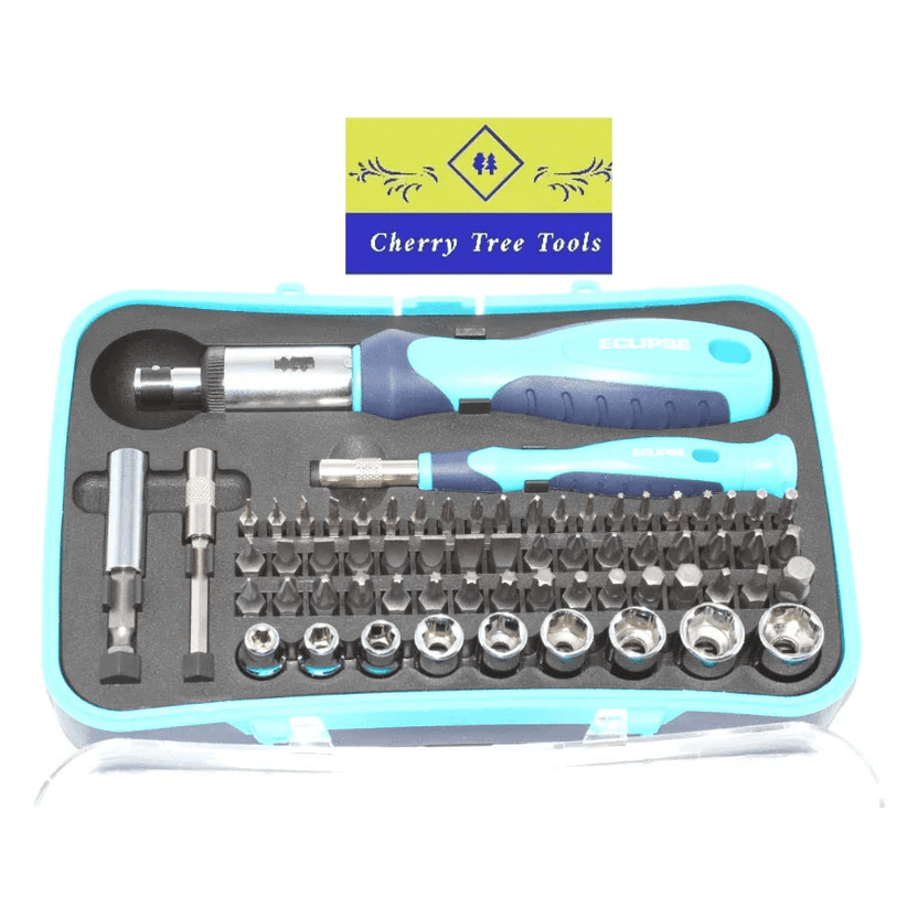 Eclipse Professional Ratchet Screwdriver & Mini Socket Set in a comprehensive toolkit with various screwdriver and socket bits.