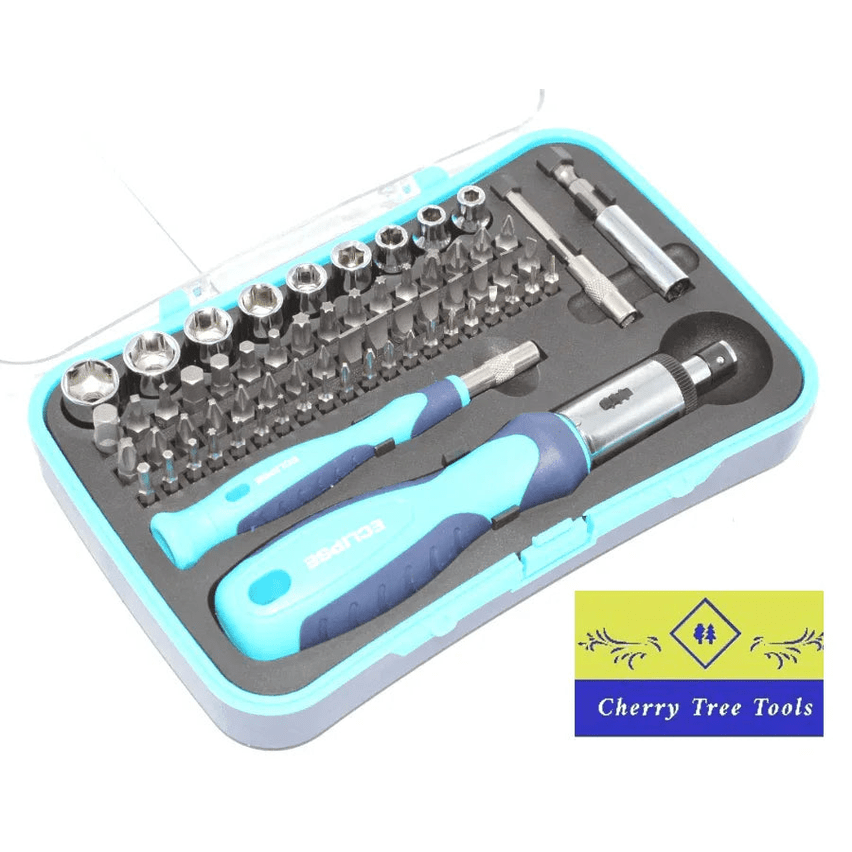 Eclipse Professional Ratchet Screwdriver & Mini Socket Set inside a durable case with assorted bits and ratchet handle.