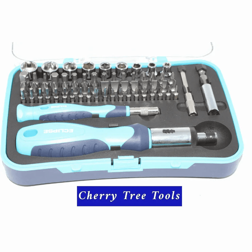Eclipse Professional Ratchet Screwdriver & Mini Socket Set in a storage case with various bits and tools.