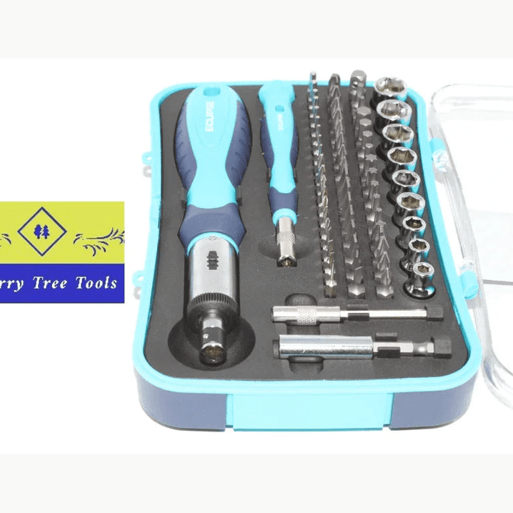 Eclipse Professional Ratchet Screwdriver & Mini Socket Set inside a tool kit with various bits and a logo.