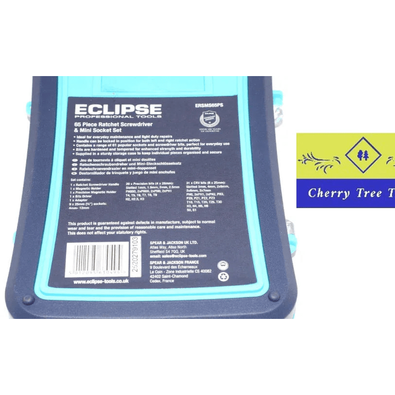 Eclipse Professional Ratchet Screwdriver & Mini Socket Set packaging with detailed information and Cherry Tree Tools logo.