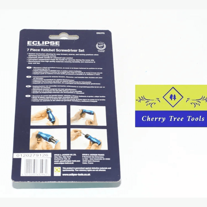 Eclipse Professional 7 Piece Ratchet Screwdriver Set packaging with usage images and Cherry Tree Tools logo.