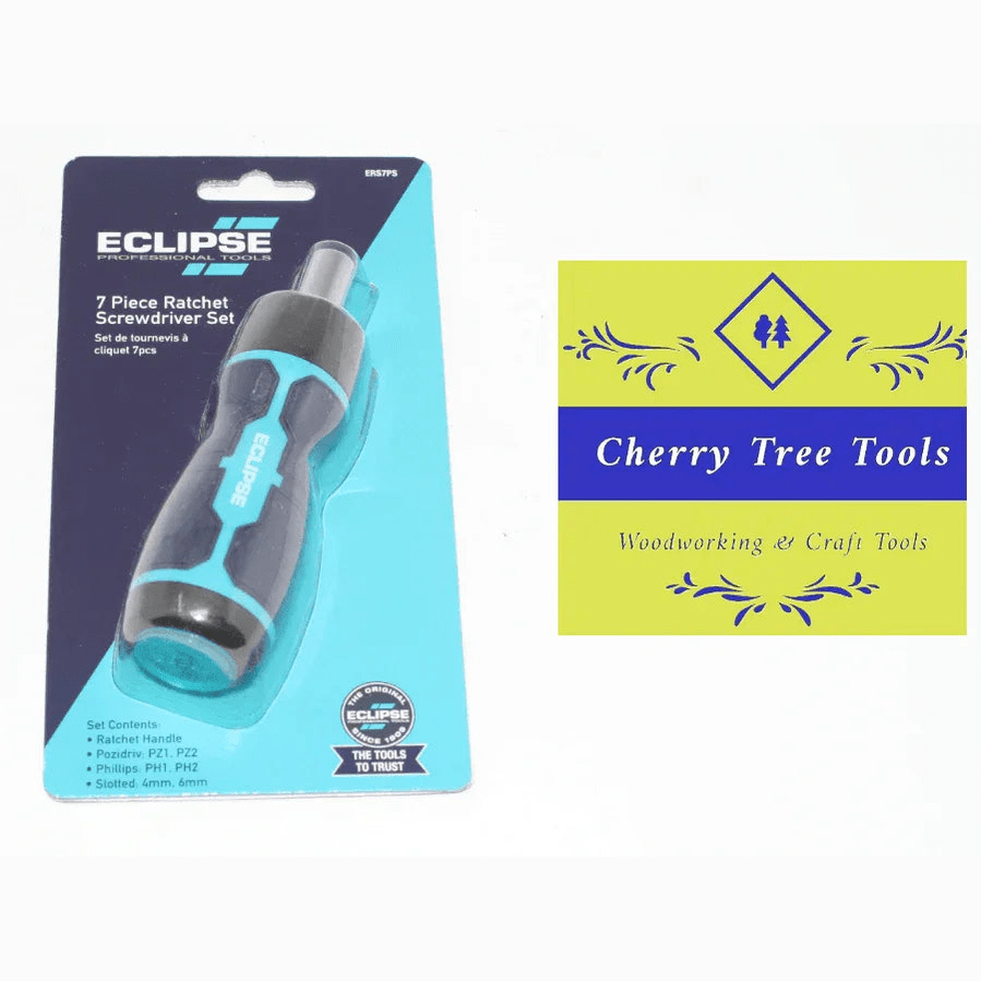 Eclipse Professional 7 Piece Ratchet Screwdriver Set packaging and tools for versatile and durable performance.