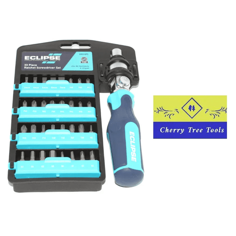 Eclipse Professional 33 Piece Ratchet Screwdriver Set with multiple screwdriver bits and adjustable handle.