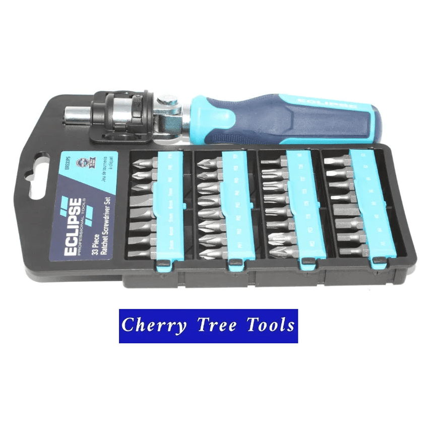 Eclipse Professional 33 Piece Ratchet Screwdriver Set in case with interchangeable bits for versatile fastening tasks.