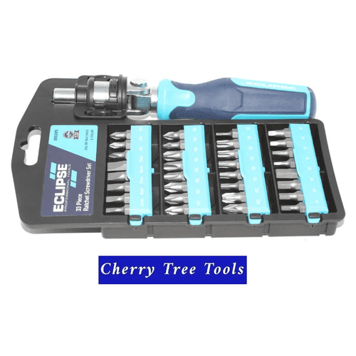 Eclipse Professional 33 Piece Ratchet Screwdriver Set in case with interchangeable bits for versatile fastening tasks.