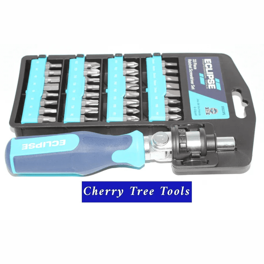 Eclipse Professional 33 Piece Ratchet Screwdriver Set displayed with multiple screwdriver bits in a storage case.