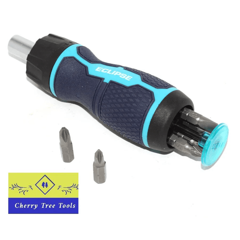Eclipse Professional 7 Piece Ratchet Screwdriver Set with interchangeable bits and ergonomic handle
