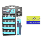 Eclipse Professional 33 Piece Ratchet Screwdriver Set displayed with packaging and screwdriver handle.