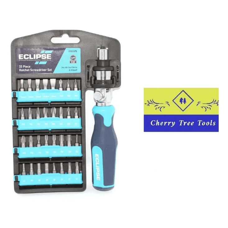 Eclipse Professional 33 Piece Ratchet Screwdriver Set displayed with packaging and screwdriver handle.