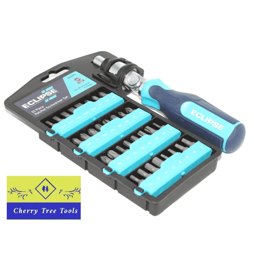 Eclipse Professional 33 Piece Ratchet Screwdriver Set with adjustable ratchet and bits in storage case.