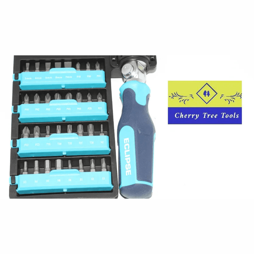 Eclipse Professional 33 Piece Ratchet Screwdriver Set displayed with interchangeable bits and branding from Cherry Tree Tools.