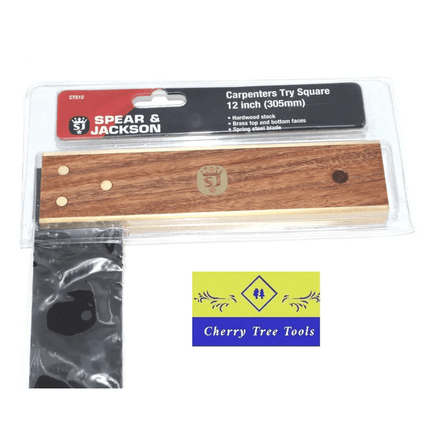 Spear & Jackson 12" Try square in packaging, a precision tool for woodworking measuring.