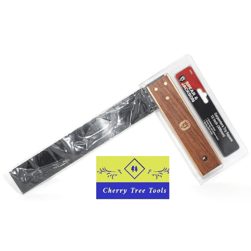Spear & Jackson 12" Try square in packaging, precision measuring tool for accurate woodworking.