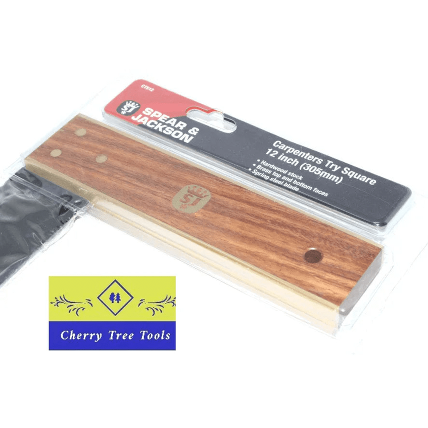 Spear & Jackson 12" Try square measuring tool with a robust wooden handle and precision blade for accurate measurements.