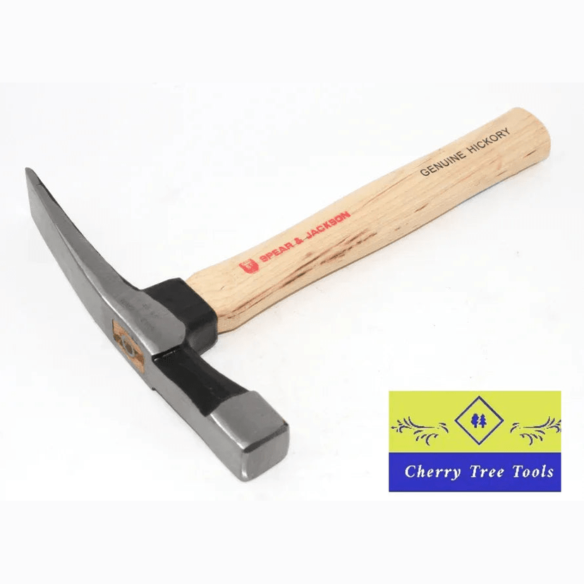 Spear & Jackson 25oz Bricklayers Hammer with a hickory handle and solid hardened steel head for precise brick cutting.