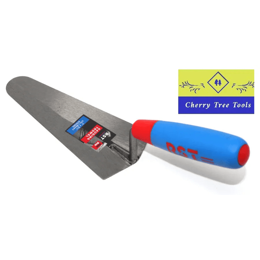 RST 7" Gauging Trowel soft feel handle displayed with carbon steel blade and comfortable grip.