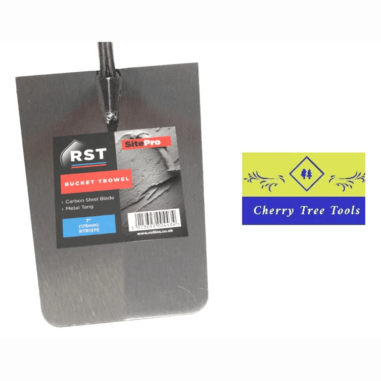 RST Bucket Trowel 7" carbon steel blade showcasing a durable tapered blade and soft feel handle for enhanced grip.