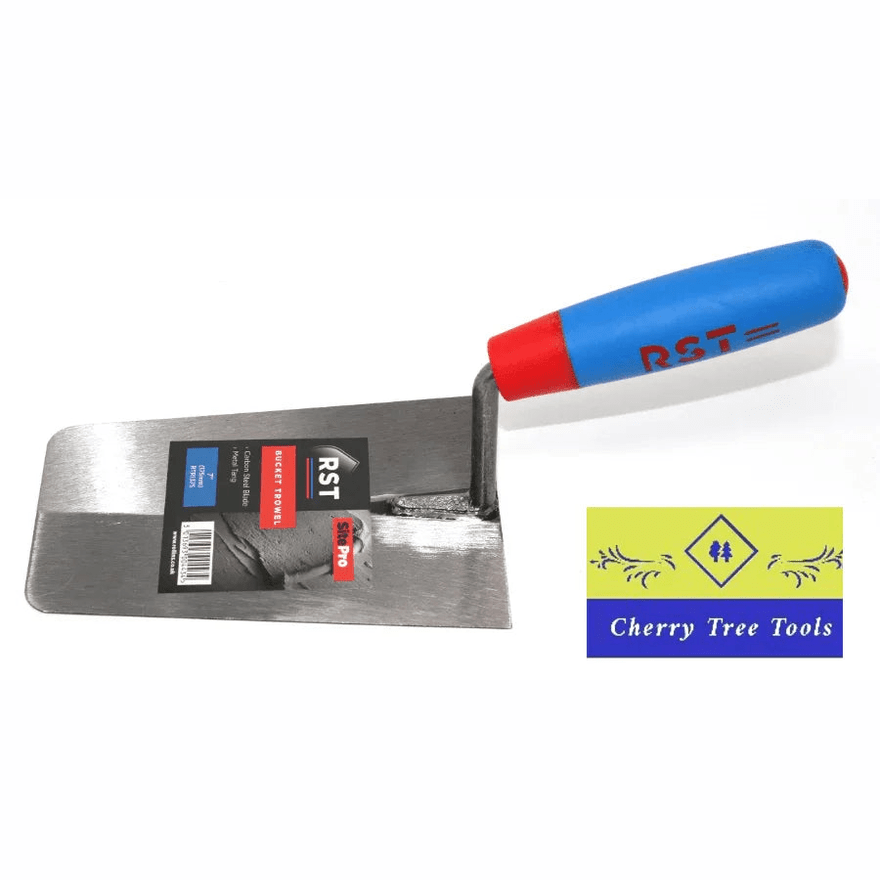 RST Bucket Trowel 7" carbon steel blade with soft grip handle for masonry tasks.