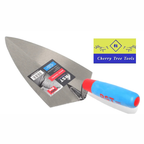 RST 11" Philadelphia Pattern Brick Trowel with a blue handle and carbon steel blade, ideal for masonry tasks.