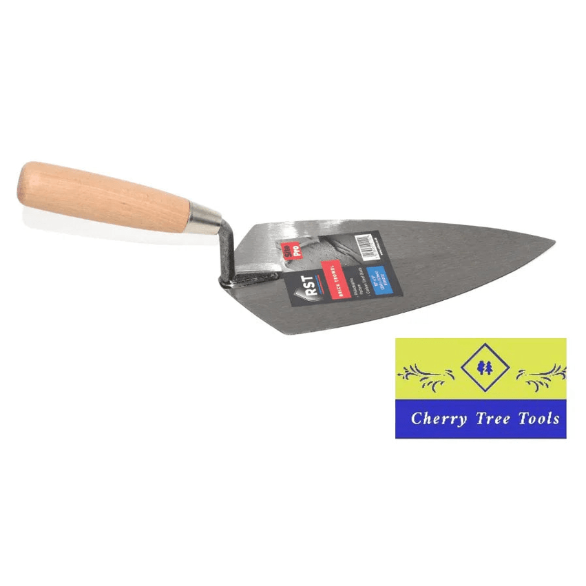 RST 10" Philadelphia Pattern Brick Trowel - hard wood handle on display with Cherry Tree Tools logo.