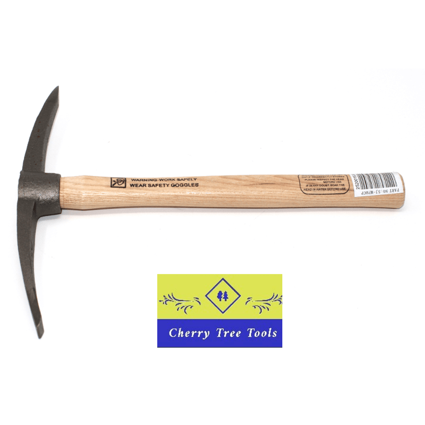 Spear & Jackson Mortar Pick & Chisel Hammer with wooden handle and warning label for safety use.