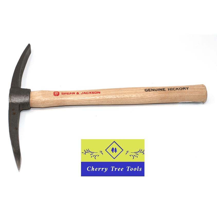 Spear & Jackson Mortar Pick & Chisel Hammer with hickory handle and metal head for bricklaying tasks.