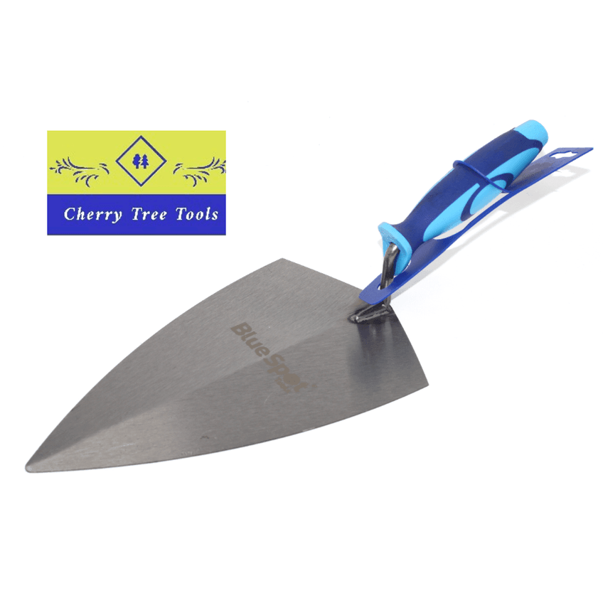 Blue Spot 11" Broad Heel Brick Trowel with ergonomic blue handle for masonry work.