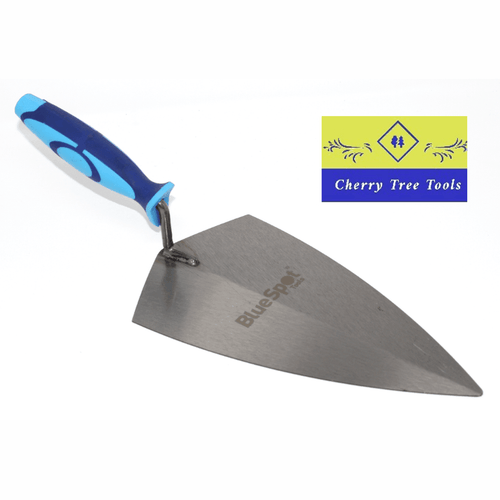 Blue Spot 11" Broad Heel Brick Trowel with blue handle and steel blade for masonry projects.