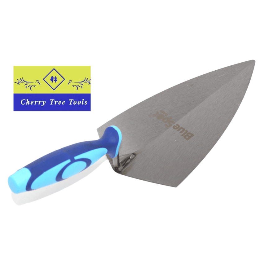 Blue Spot 11" Broad Heel Brick Trowel with blue handle and stainless steel blade on display.