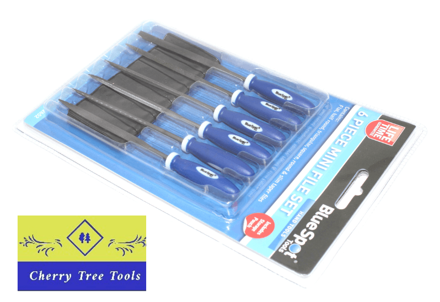 Blue Spot 6pc Mini Needle File Set displayed on packaging with various file shapes and ergonomic handles.