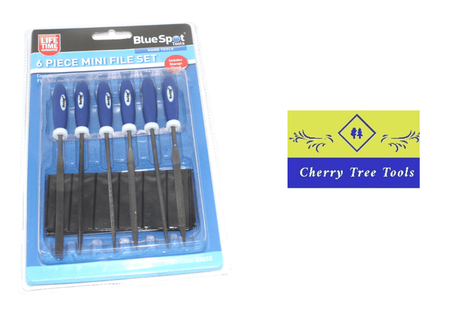 Blue Spot 6pc Mini Needle File Set packaging featuring precision miniature files for intricate crafting and repairs.