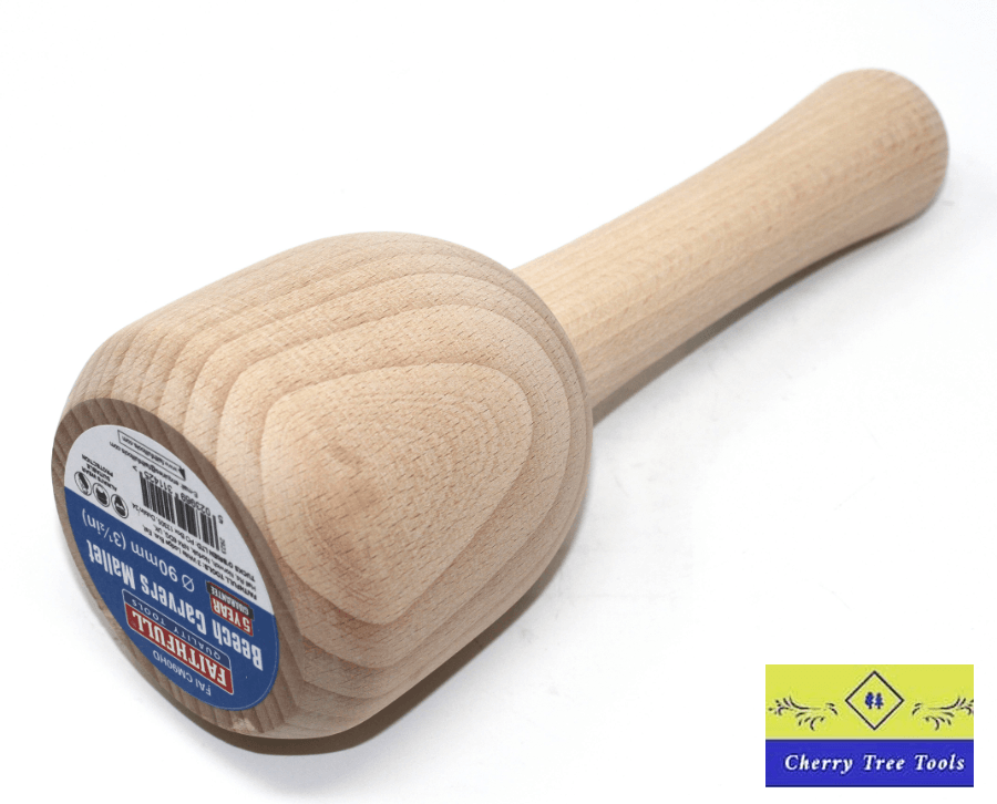 Faithfull 90mm Beech Wood Carvers mallet showcasing solid beech construction and ergonomic handle for carving precision.