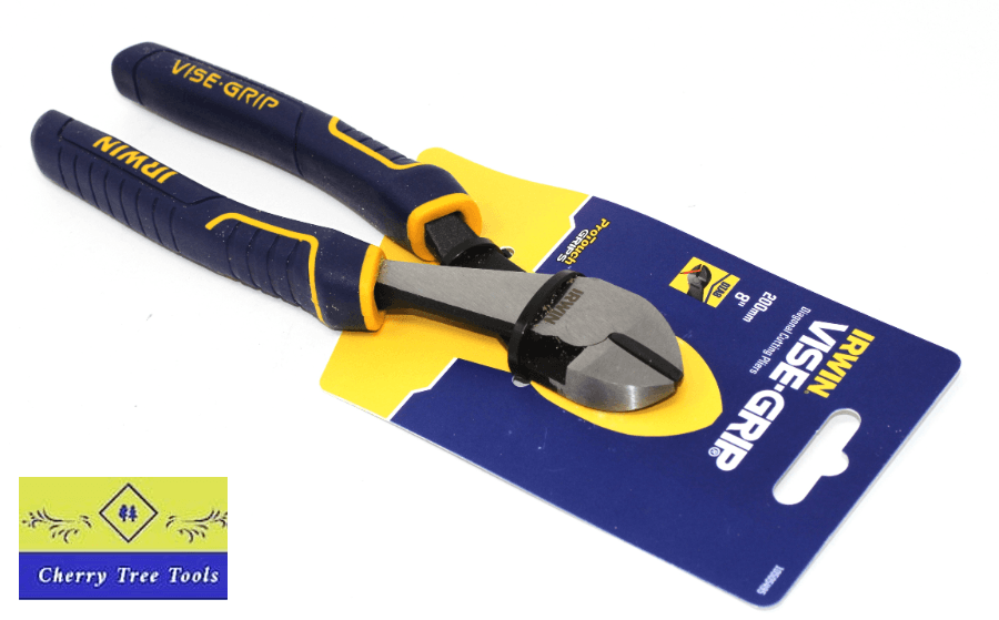 Irwin Vise-Grip 8" Diagonal Cut Pliers on packaging, showcasing sturdy design and tool features.