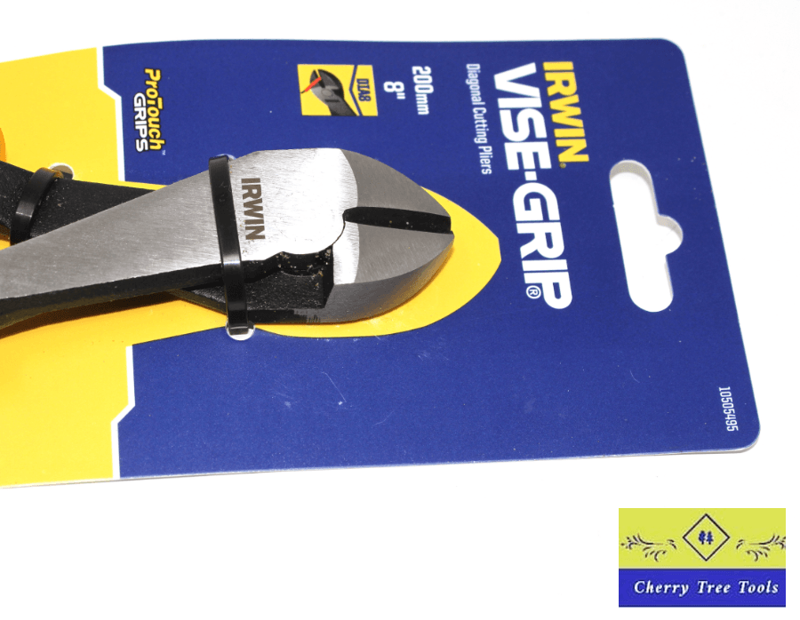 Irwin Vise-Grip 8" Diagonal Cut Pliers displayed on packaging, showcasing cutting edges and tool design.