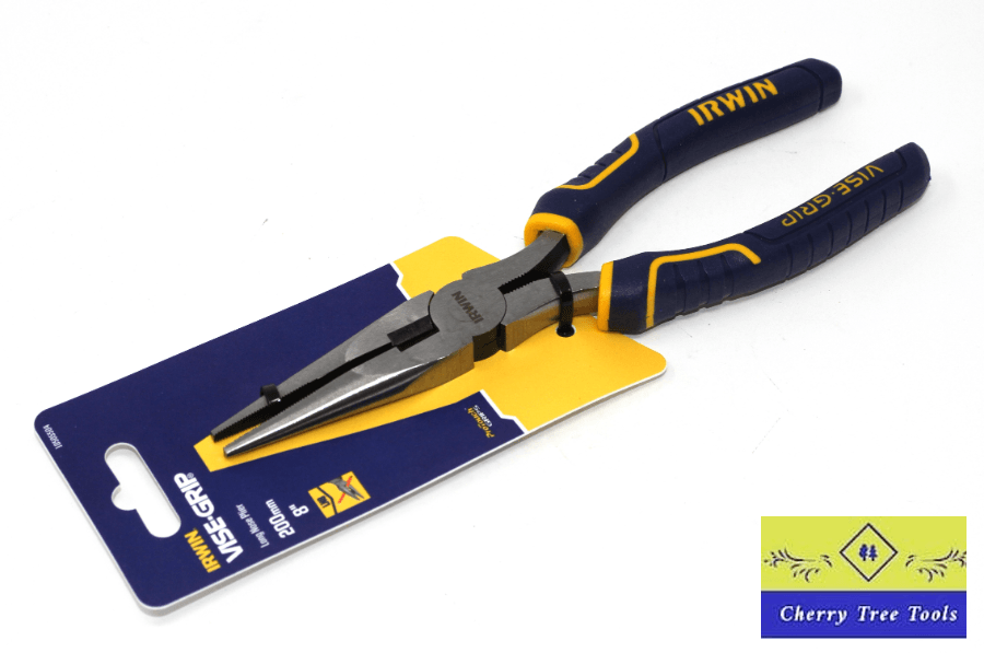 Irwin Vise-Grip 8" Long Nose Pliers on packaging, designed for precision and comfort, ideal for various tasks.