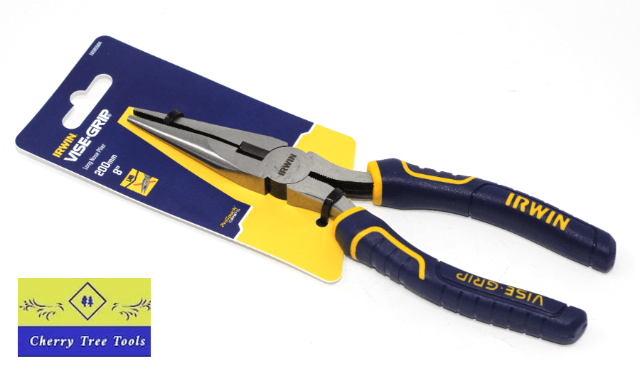 Irwin Vise-Grip 8" Long Nose Pliers with packaging showcasing robust construction and ProTouch grips.