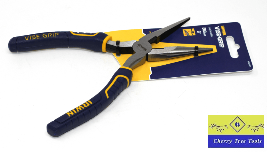 Irwin Vise-Grip 8" Long Nose Pliers with packaging, ideal for precision tasks and comfort.