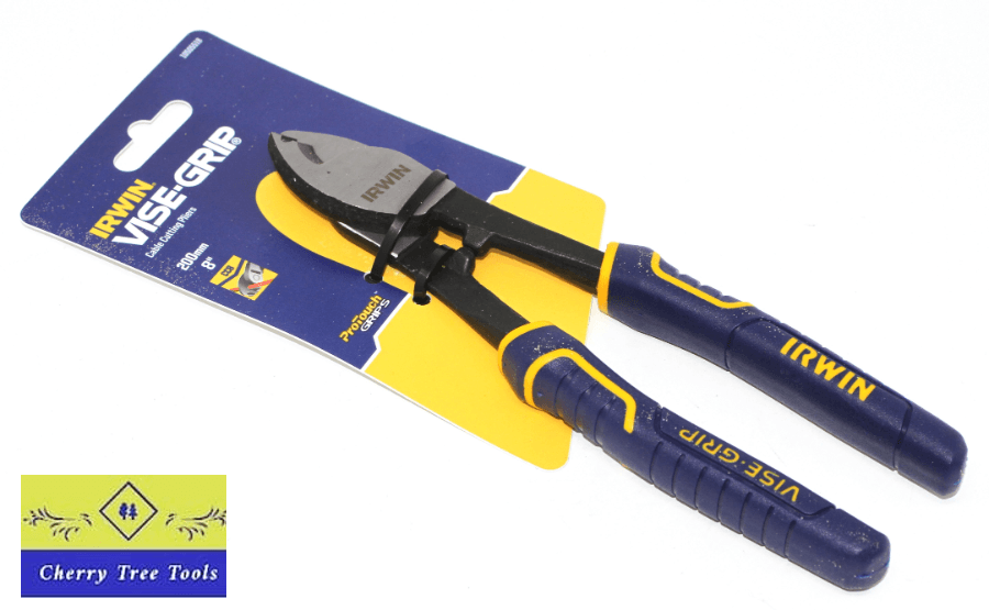 Irwin Vise-Grip 8" Cable Cutting Pliers on packaging showcasing durability and precision for cutting cables.
