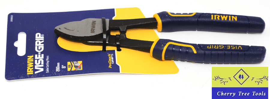 Irwin Vise-Grip 8" Cable Cutting Pliers on packaging, showcasing durable design and precision cutting capability.