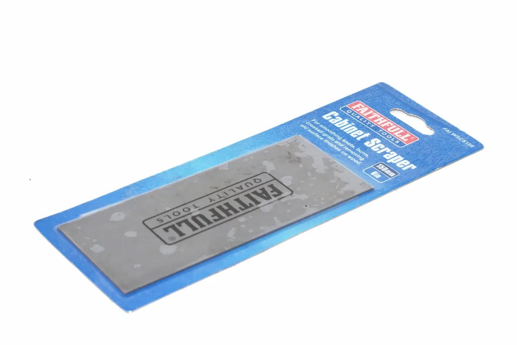 A Faithfull 150mm Cabinet Scraper rectangular shaped flat steel tool in its original blue and white blister packaging, shown on a plain white background.