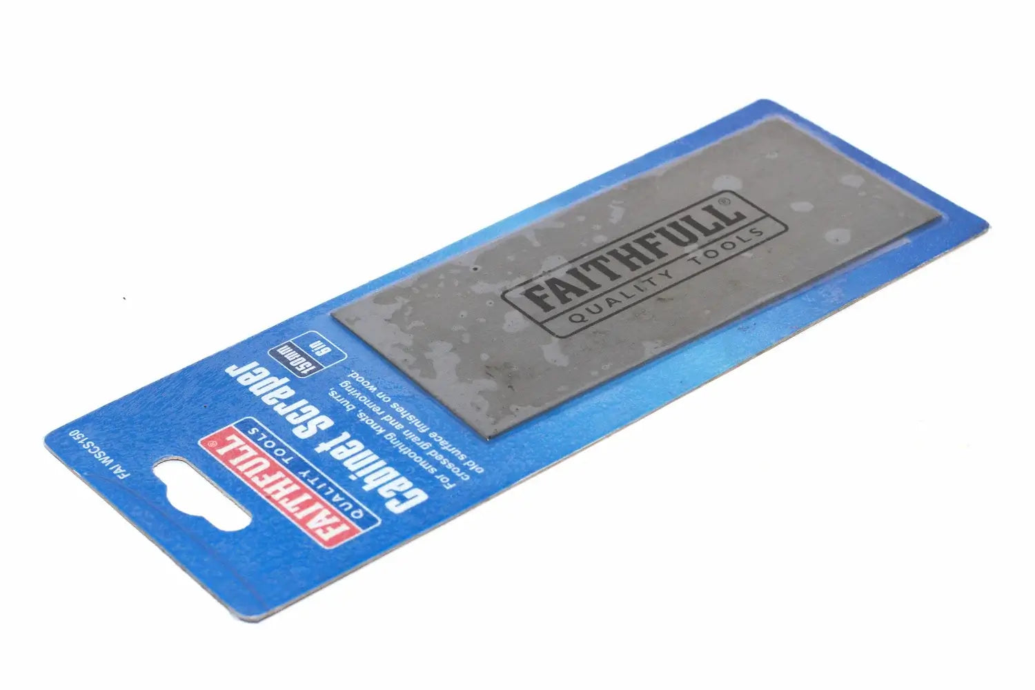 A Faithfull 150mm Cabinet scraper for wood finishing and smoothing in its original blue retail blister packaging, shown on a plain white background.