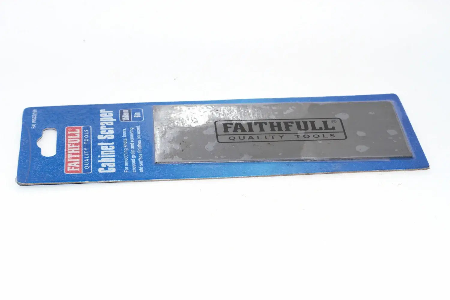 A Faithfull 150mm Cabinet Scraper carbon steel tool in blue coloured retail packaging, displayed on a clean white background.