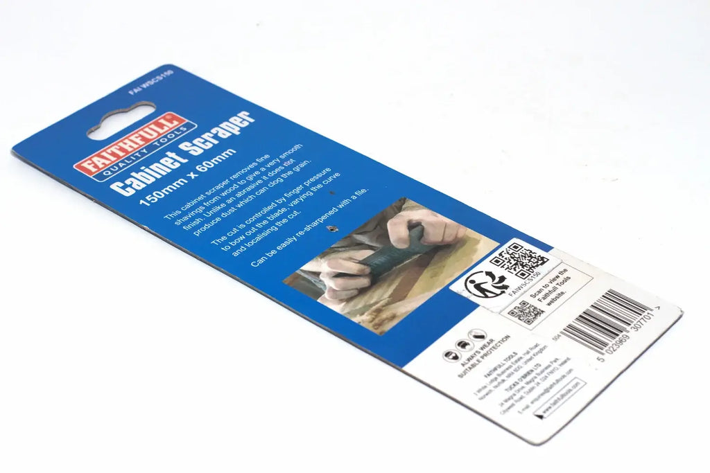 Faithfull 150mm cabinet scraper reverse side of blue coloured packaging with  product information 