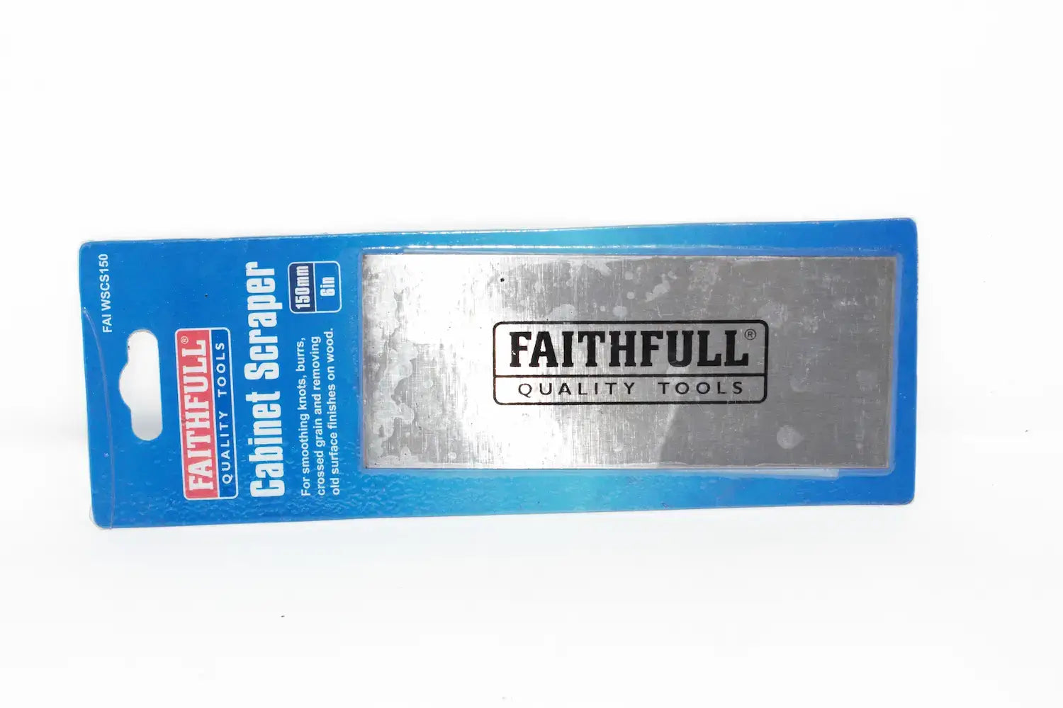 A Faithfull 150mm Cabinet Scraper flat steel tool in its blue retail packaging, shown against a plain white background.