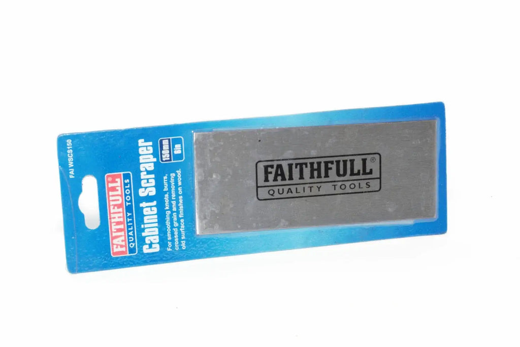 A Faithfull 150mm Cabinet Scraper wood finishing tool in its blue retail blister packaging, shown against a plain white background.